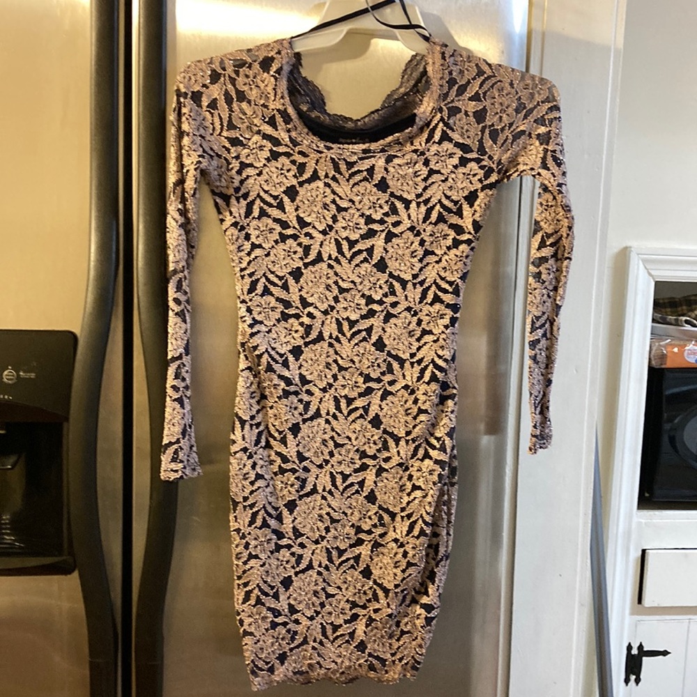Sequin hearts navy blue dress, designed with flowers , sleeves see through, S